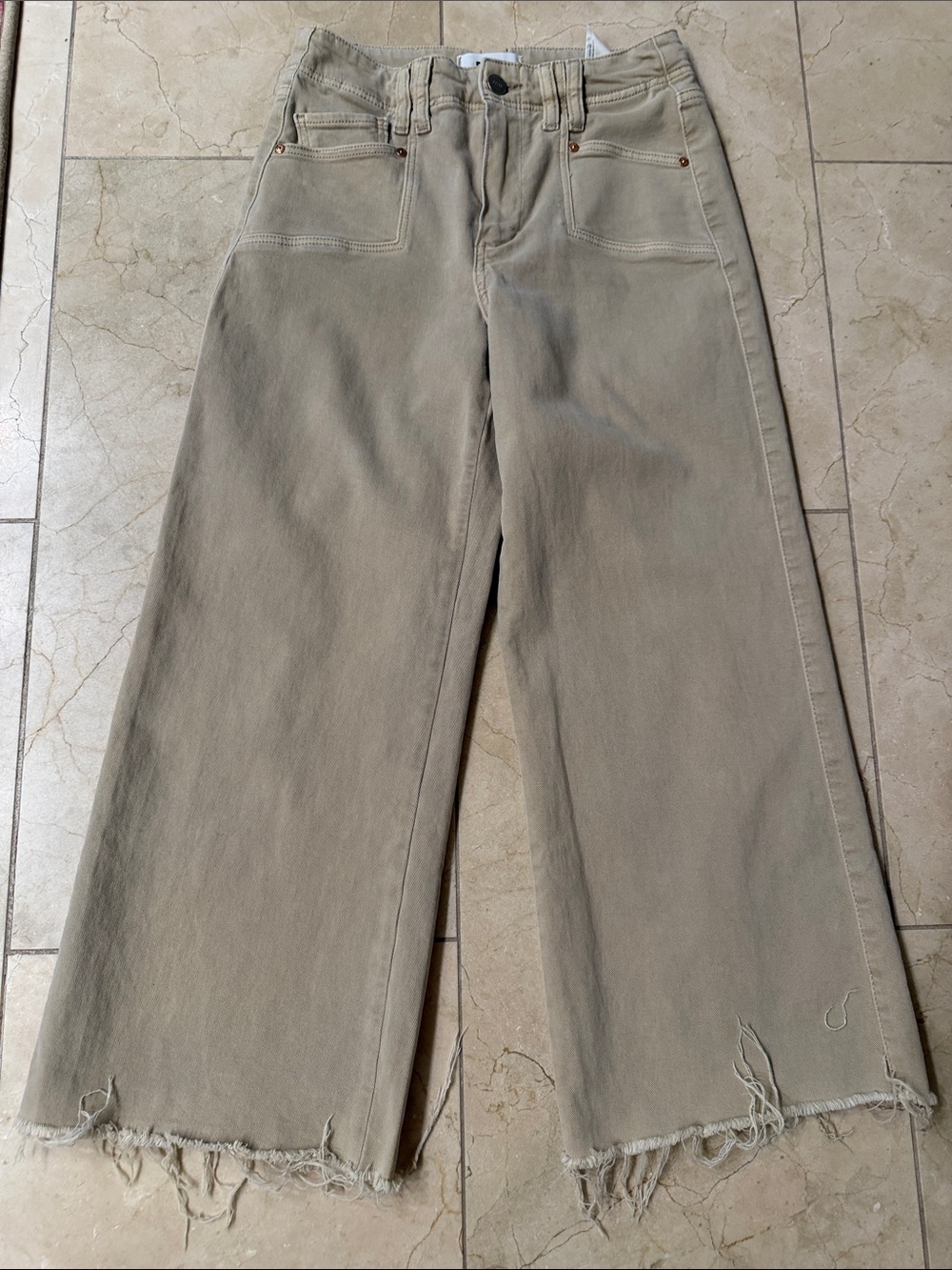 PAIGE Anessa High-Rise Wide Leg Crop Jeans Beige Size 25 Raw Hem